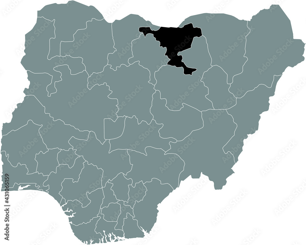 Obraz premium Black highlighted location map of the Nigerian Jigawa state inside gray map of the Republic of Nigeria