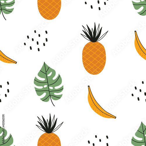 Fototapeta Naklejka Na Ścianę i Meble -  Exotic seamless colorful pattern with tropical jungle leaves, pineapple, banana, flowers. Tropic background. Floral modern pattern for textile, manufacturing etc. Vector illustration