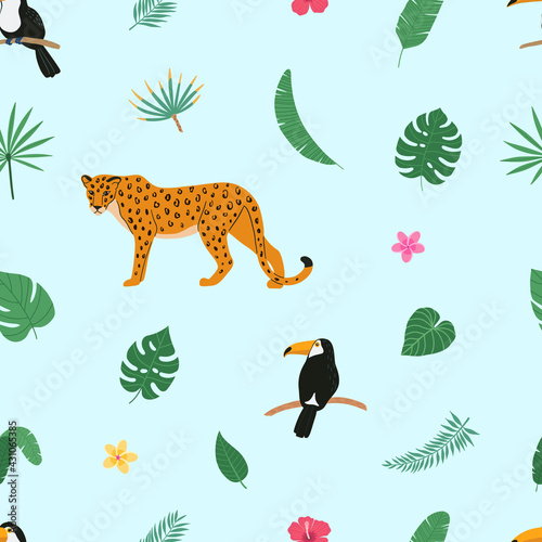 Summer colorful bright seamless hand drawn tropical pattern with leopard  toucan birds and exotic plant leaves and flowers. Hawaiian style. Vector illustration