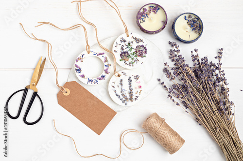 DIY scented soy wax sachet with botanicals and essencial oils. Natural handmade air freshener photo