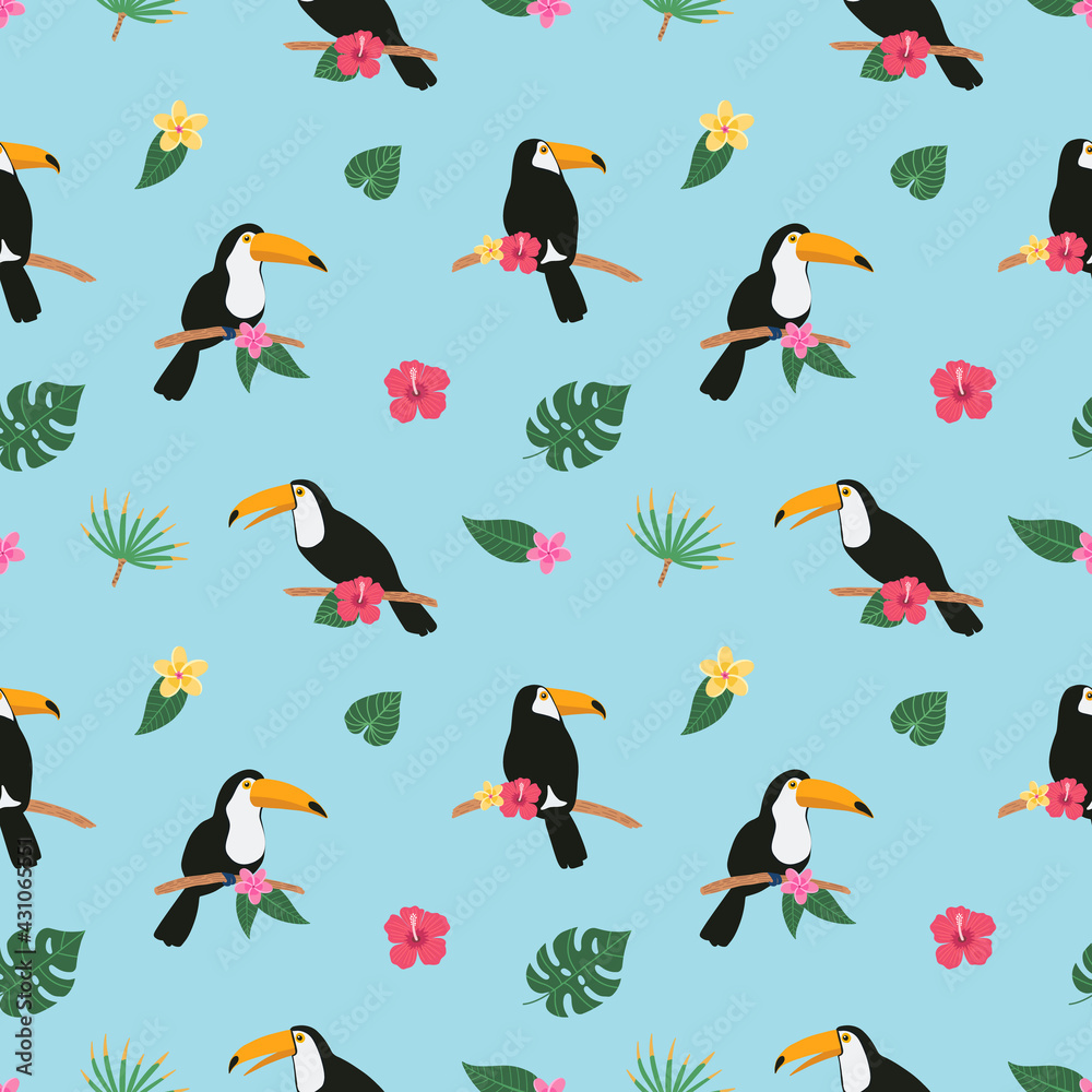 Summer colorful bright seamless hand drawn tropical pattern with toucan birds and exotic plant leaves and flowers of hibiscus on white background. Hawaiian style. Vector illustration Summer colorful bright seamless hand drawn tropical pattern with toucan birds and exotic plant leaves and flowers of hibiscus on white background. Hawaiian style. Vector illustration