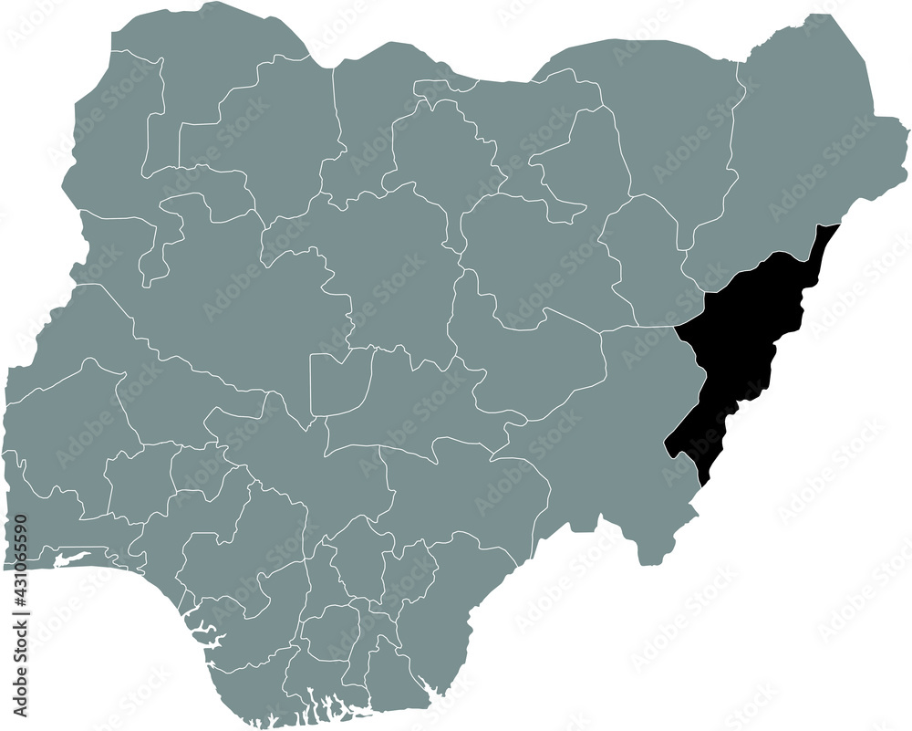 Obraz premium Black highlighted location map of the Nigerian Adamawa state inside gray map of the Republic of Nigeria