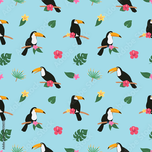 Summer colorful bright seamless hand drawn tropical pattern with toucan birds and exotic plant leaves and flowers of hibiscus on white background. Hawaiian style. Vector illustration