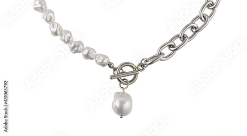  Closeup of sagging string of baroque pearls and metal chain isolated