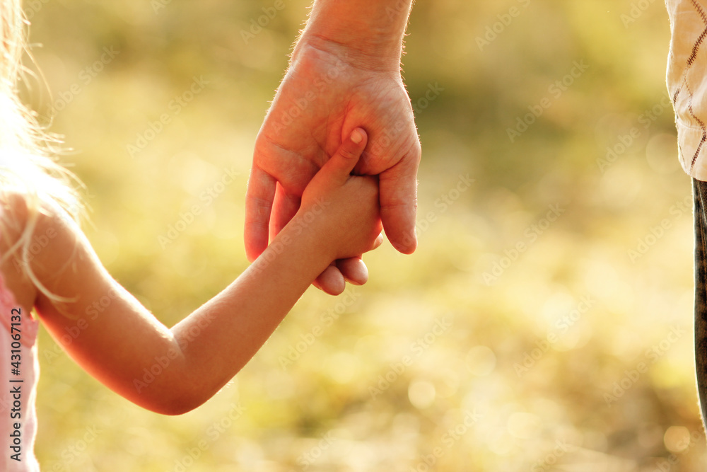 hands of parent and child outdoors in the park hands of parent and child outdoors in the park