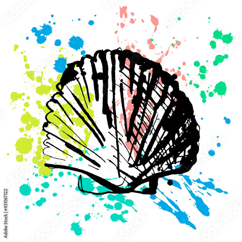 The Pearl Oyster Shell is linear Drawn on an abstract colorful Background with Splashes and Drops. The concept of Underwater life, Wildlife, Shells, Exotic, Sandy Beach, Summer. Vector illustration.