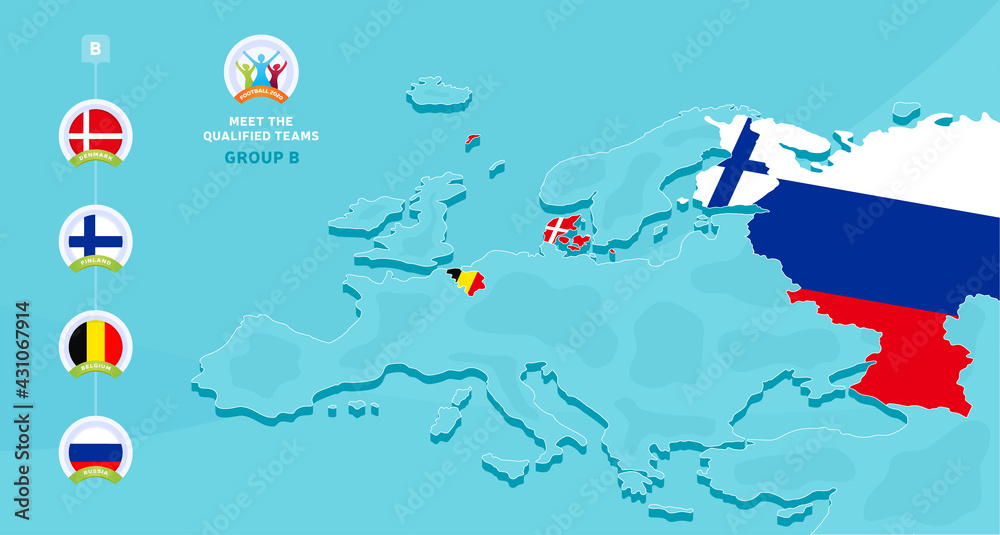 Obraz premium Group B European 2020 football championship Vector illustration with a map of Europe and highlighted countries flag that qualified to final stage and logo sign on blue background