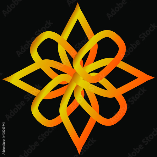 abstract flower illustration. Simple yellowish orange decorative spiky flower isolated on black background. Circular graphic element. Vector illustration