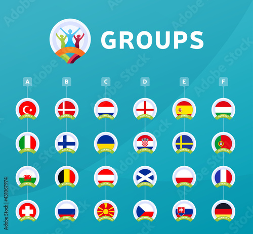 Football 2020 tournament final stage groups vector stock illustration. euro 2020 European soccer tournament with background. Vector country flags
