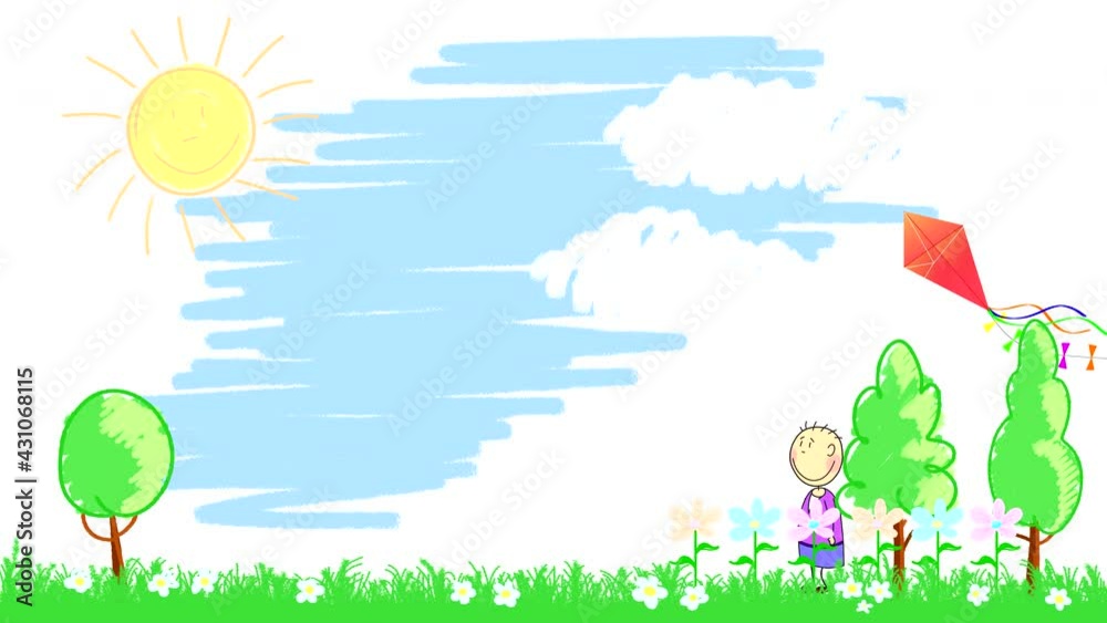 The boy walks through the meadow and holds a kite. Animation of a child's drawing with a character looped in a circle with a rainbow, sun, clouds, trees, flowers and grass with a blue sky.