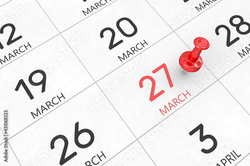 3d rendering of important days concept. March 27th. Day 27 of month. Red date written and pinned on a calendar. Spring month, day of the year. Remind you an important event or possibility.