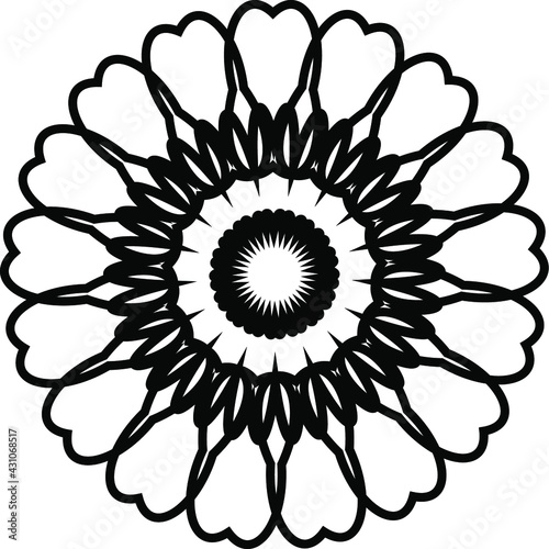 abstract flower illustration. Black ornamental round doodle flower isolated on white background.Graphic circle element. Vector illustration.