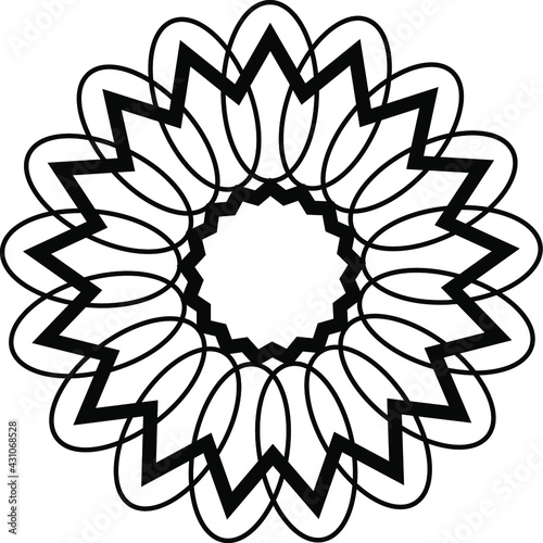 abstract flower illustration. Black ornamental round doodle flower isolated on white background. Geometric circle element. Vector illustration.