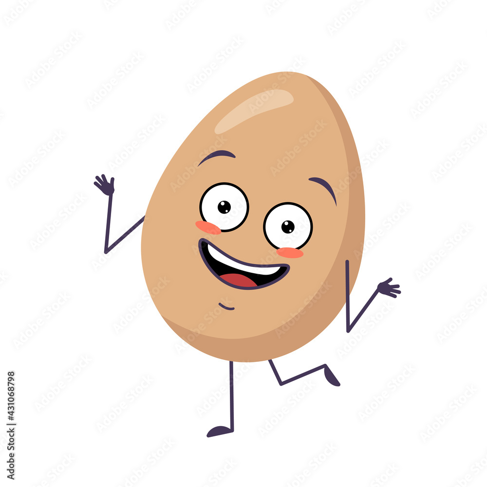 Cute egg character cheerful with emotions dancing, face, arms and legs. Happy Easter decoration. The funny or smile food hero Cute egg character cheerful with emotions dancing, face, arms and legs. Happy Easter decoration. The funny or smile food hero