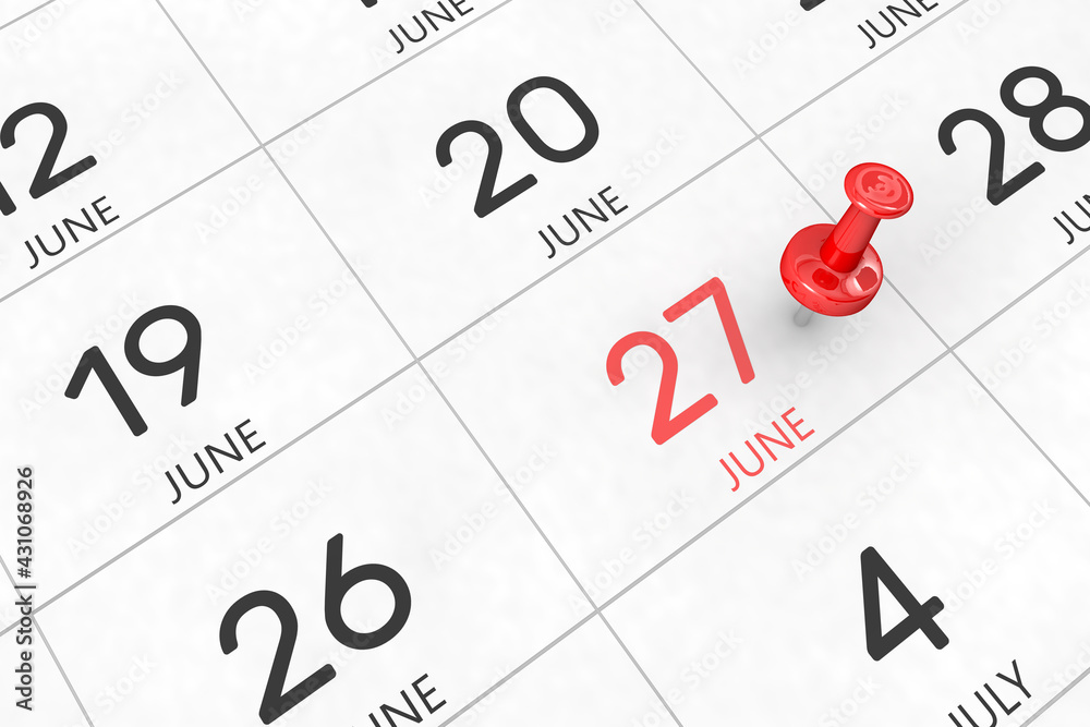 3d rendering of important days concept. June 27th. Day 27 of month. Red date written and pinned on a calendar. Summer month, day of the year. Remind you an important event or possibility. 3d rendering of important days concept. June 27th. Day 27 of month. Red date written and pinned on a calendar. Summer month, day of the year. Remind you an important event or possibility.