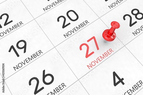 3d rendering of important days concept. November 27th. Day 27 of month. Red date written and pinned on a calendar. Autumn month, day of the year. Remind you an important event or possibility.