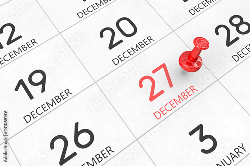 3d rendering of important days concept. December 27th. Day 27 of month. Red date written and pinned on a calendar. Winter month, day of the year. Remind you an important event or possibility.