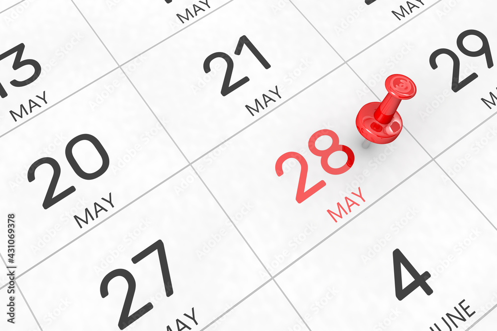 3d rendering of important days concept. May 28th. Day 28 of month. Red date written and pinned on a calendar. Spring month, day of the year. Remind you an important event or possibility. 3d rendering of important days concept. May 28th. Day 28 of month. Red date written and pinned on a calendar. Spring month, day of the year. Remind you an important event or possibility.