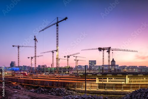 Tower cranes at a large construction site 