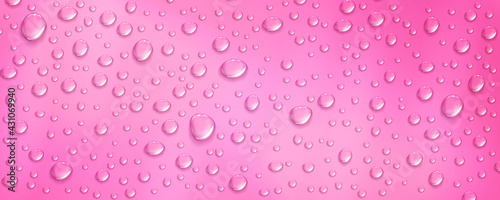 Condensation water drops on pink background. Essential oil droplets at rose surface. Realistic dew, condensate from shower steam or fog. Vector 3d illustration of wet red backdrop with serum drops
