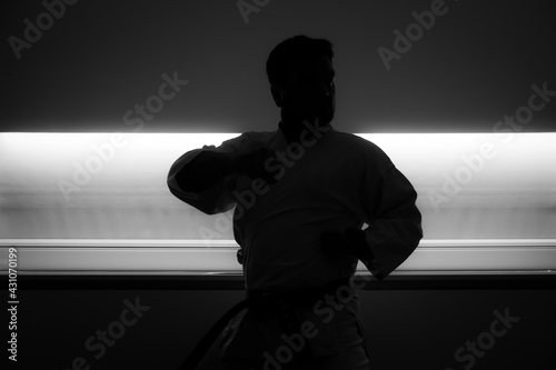 silhueta de homem em posição de defesa karate artes marciais com luz de fundo photo