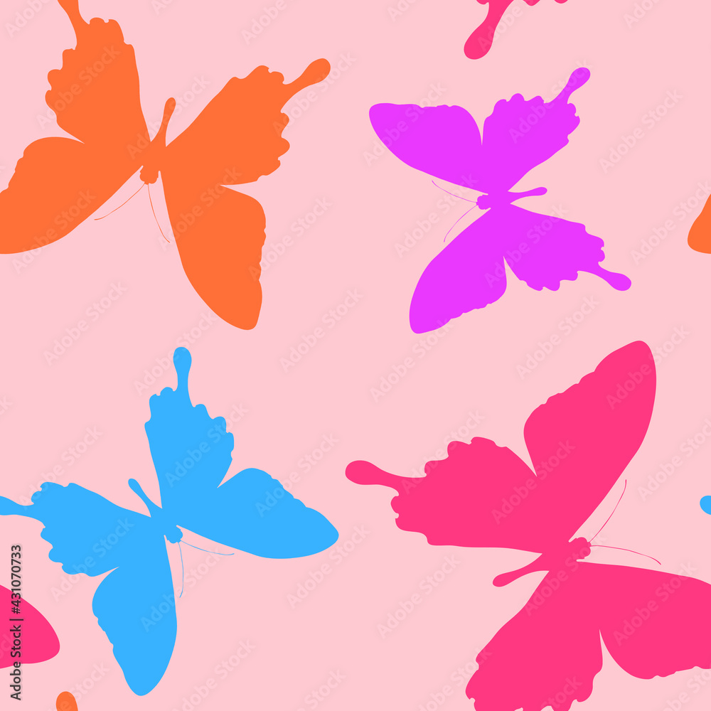 Seamless pattern of silhouettes of butterflies. Natural background of beautiful insects.