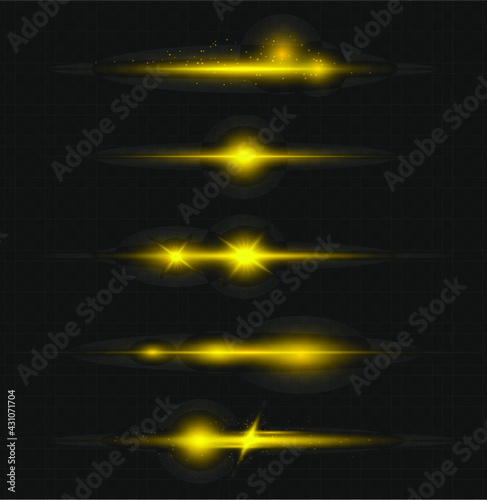 Set of vector transparent flash light effect, sunlight special lens. Bright gold flashes and glares