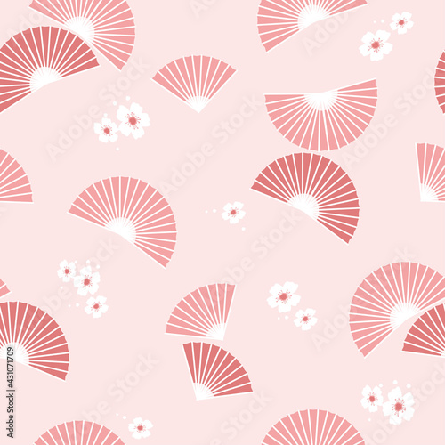 Delicate seamless fan pattern with cherry blossoms. White flowers on a pink background. Asian Japanese national accessories, style. Vector graphics.