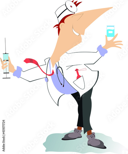 Smiling doctor, syringe and vaccine illustration.
Cheerfulness doctor holds a big syringe and a phial of medicine isolated on white
