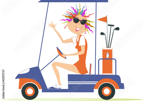 Young golfer woman ride on the golf cart car illustration.
Smiling pretty young woman in sunglasses is going to play golf in the golf cart car isolated on white

