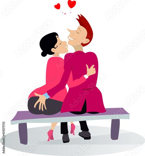 Love couple rendezvous illustration. 
Hearts symbol. Young man and woman sit on the bench and hug one another isolated on white 
