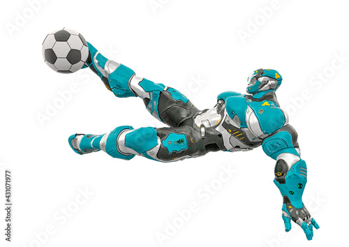 futuristic astronaut is kicking in  volley style the football ball