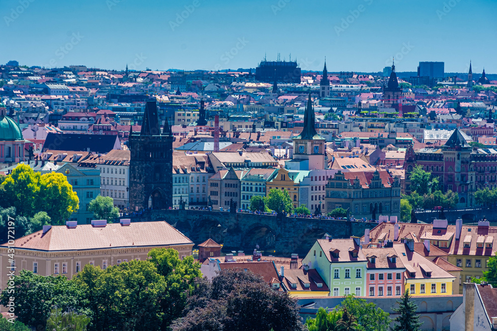 PRAGUE, CZECH REPUBLIC, 31 JULY 2020: Aerial cityscape of the capital city
