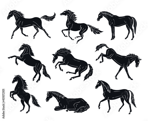 Vector set bundle of different black hand drawn doodle sketch horse isolated on white background