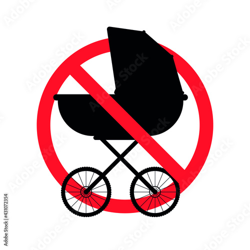 Vector baby pram silhouette crossed in red circle isolated on white background. No child stroller sign