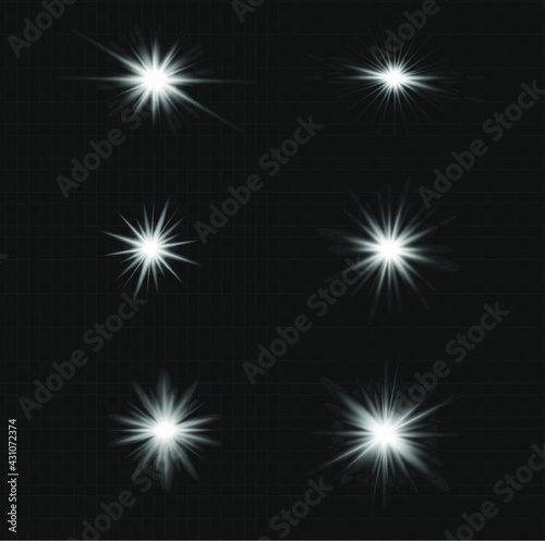 Set of vector transparent flash light effect, sunlight special lens. Bright gold flashes and glares