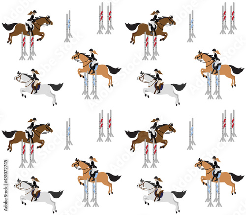 Vector seamless pattern of different flat hand drawn equestrian woman riding show jumping horse isolated on white background
