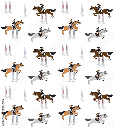 Vector seamless pattern of flat hand drawn equestrian woman riding show jumping horse isolated on white background