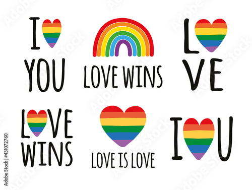 Vector set of hand drawn lgbt rainbow flag lettering isolated on white background