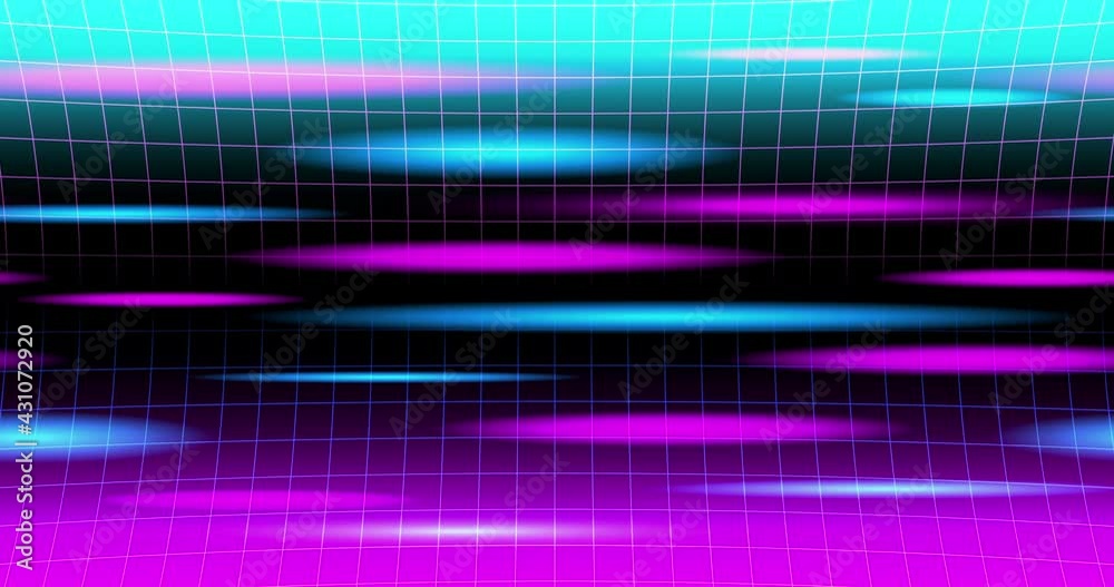 Futuristic digital sci-fi background with abstract moving neon lights, bright blue and purple illuminated effect on a dark grid background, in the style of cyberpunk with psychedelic effect, 4k video Futuristic digital sci-fi background with abstract moving neon lights, bright blue and purple illuminated effect on a dark grid background, in the style of cyberpunk with psychedelic effect, 4k video