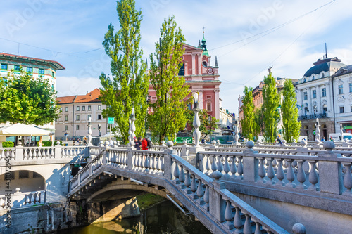 LJUBLJANA, SLOVENIA, 5th AUGUST 2019: The Tromostovje, or Triple Bridge photo