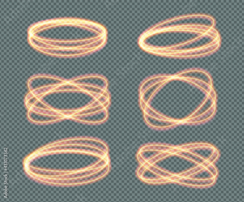 Set o fire light neon circles, vector sparkling gold glitter glow flare effect, spiral spin twirls