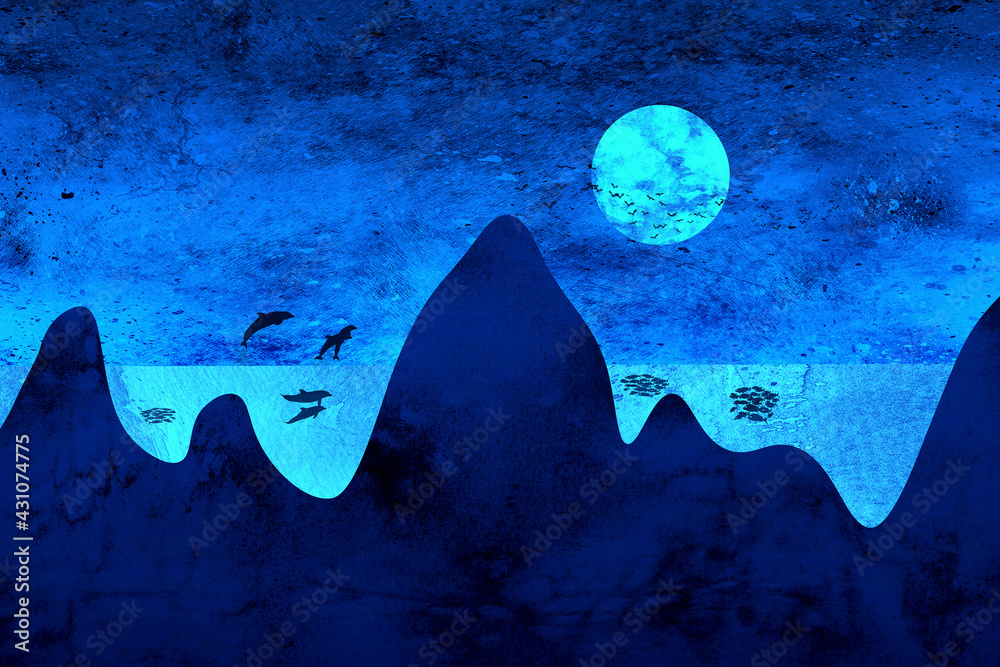 Dolphins in the sea during the full moon
