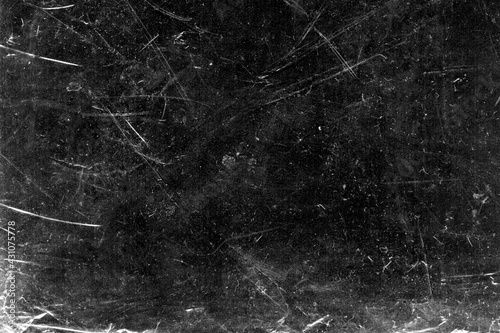 White scratches and dust on black background. Vintage scratched grunge plastic broken screen texture. Scratched glass surface wallpaper. Dirty Blackboard. Space for text. photo