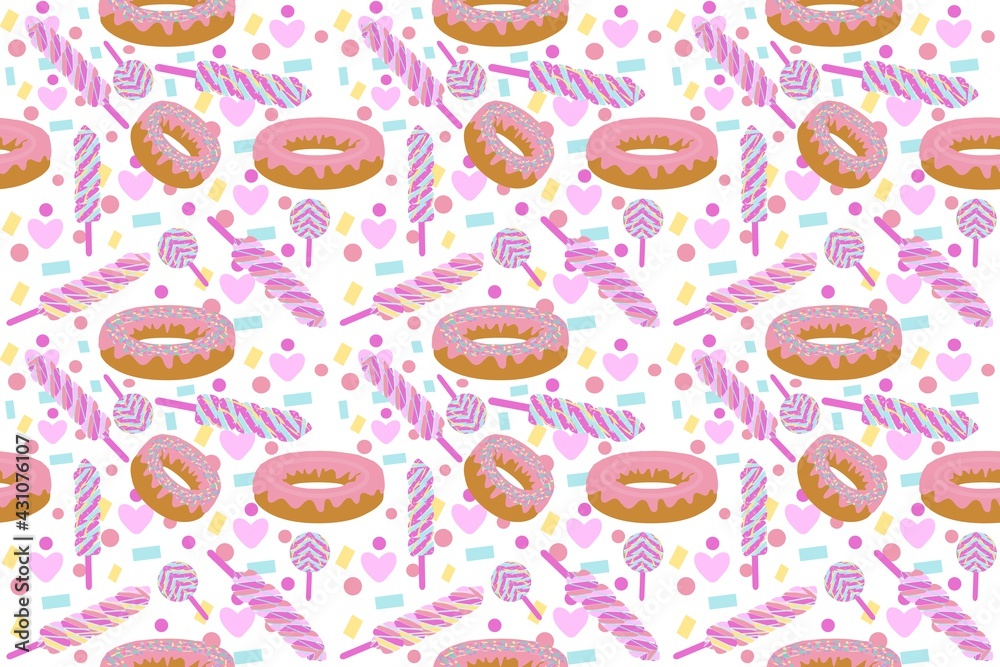 A repeating pattern of donuts with pink glaze, multi-colored chocolates on sticks on a background of caramel sprinkles of different shapes and hearts for printing A repeating pattern of donuts with pink glaze, multi-colored chocolates on sticks on a background of caramel sprinkles of different shapes and hearts for printing