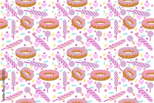 A repeating pattern of donuts with pink glaze, multi-colored chocolates on sticks on a background of caramel sprinkles of different shapes and hearts for printing