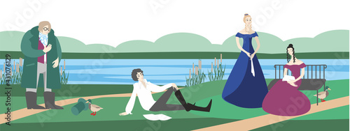 A group of people from the 19th century, resting on the shore of a pond. Illustration in the style of a flat design.