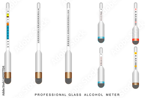 Professional glass alcohol meter. Set of glass hydrometers (alcohol meter). Set of hydrometers for measurement - Wine, Beer, Brandy, Vodka, Gin and Whiskey. 