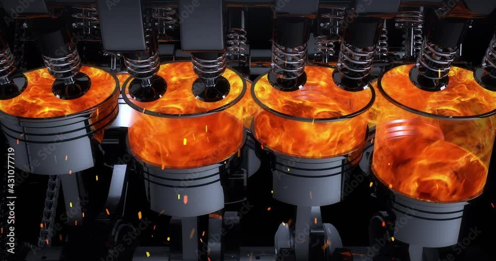 Powerful Working Car Engine. Big Hungry V8 Engine In Flames. Industry And Technology Related 4K 3D Animation.