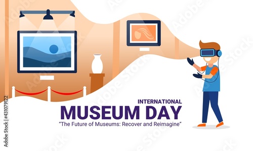 Vector illustration of a boy observing the contents of the museum virtually, as a banner for international museum day, with the theme "The Future of the Museum: Restore and Reimagine".
